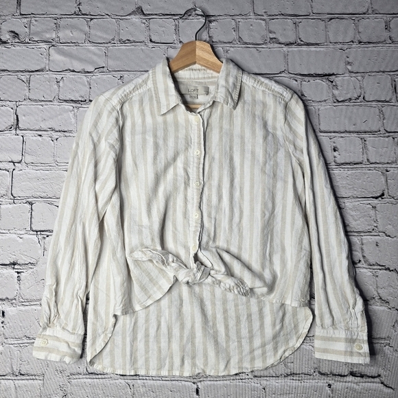 Loft Petites Striped Tie Front Linen Blend Button Up Shirt Beige White Size SP - Picture 2 of 11